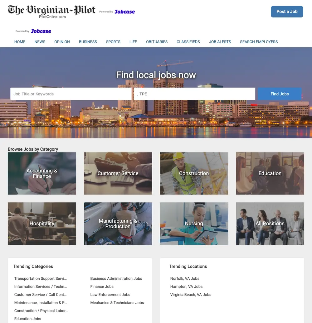 The Pilot Jobs job board platform screenshot showing job search interface