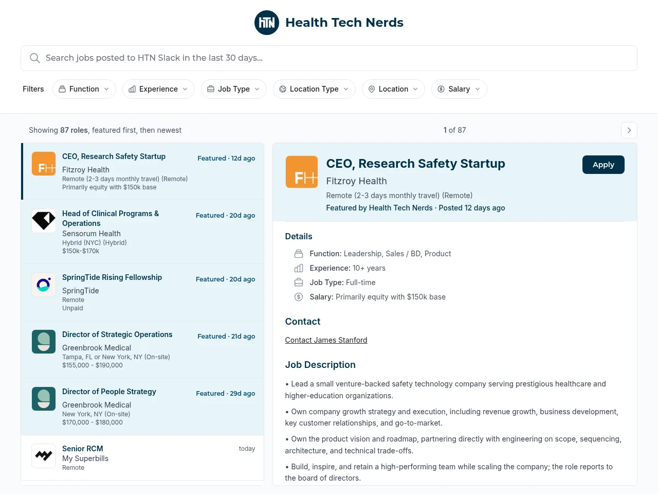 Health Tech Nerds Job Board job board platform screenshot showing job search interface