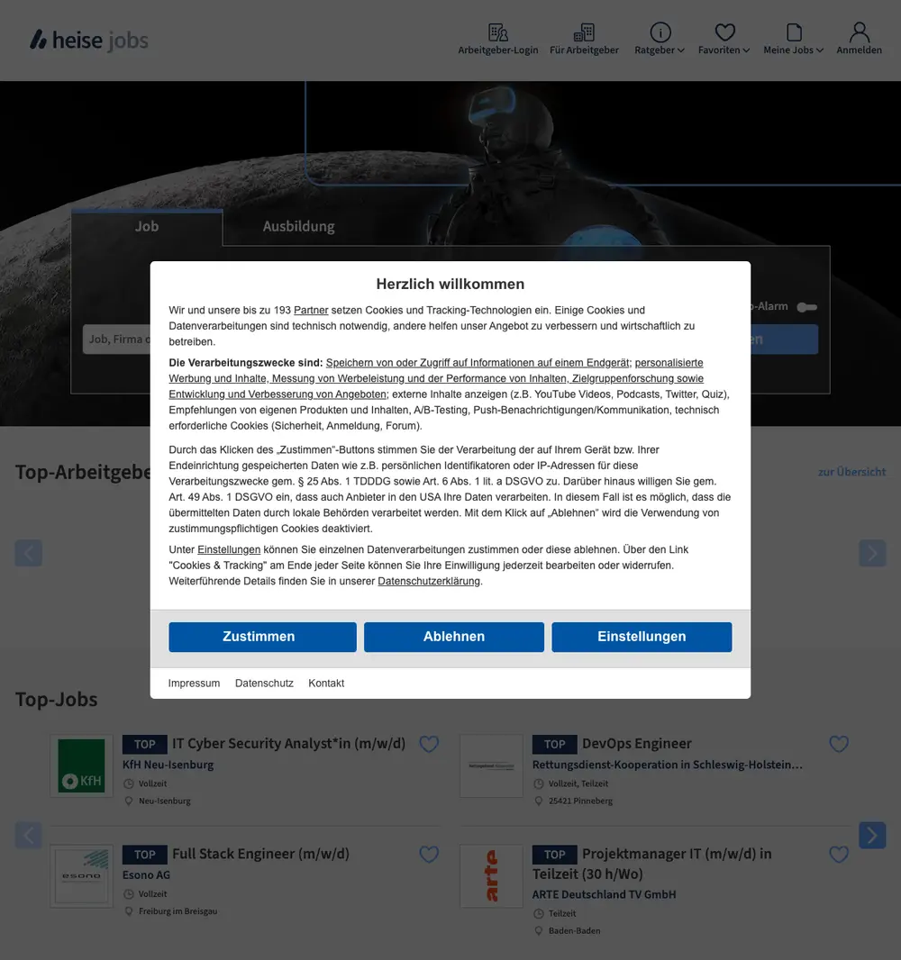jobs.heise.de job board platform screenshot showing job search interface