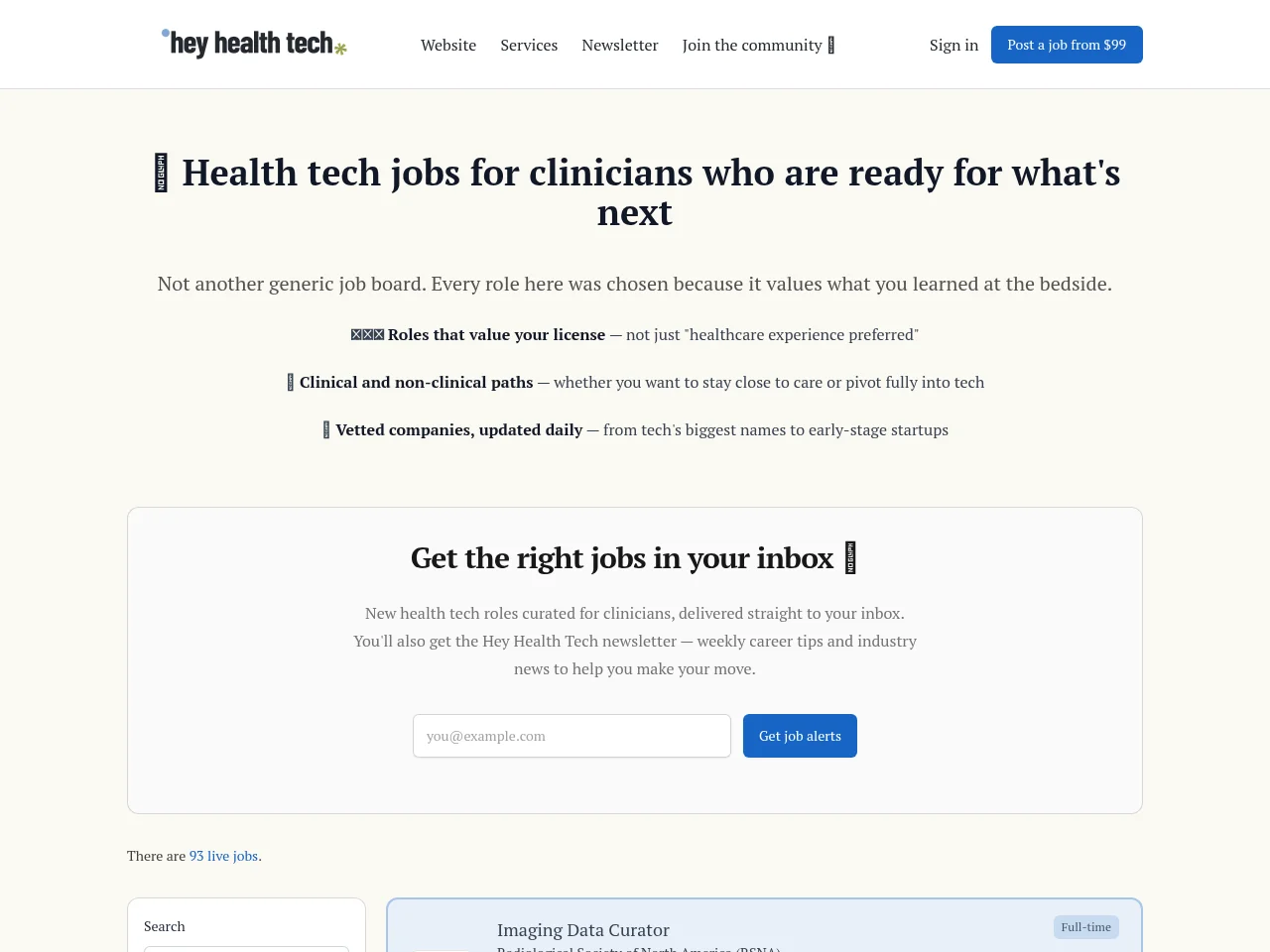 Hey Health Tech Job Board job board platform screenshot showing job search interface