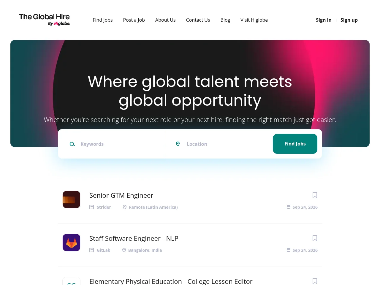 The Global Hire by Higlobe job board platform screenshot showing job search interface