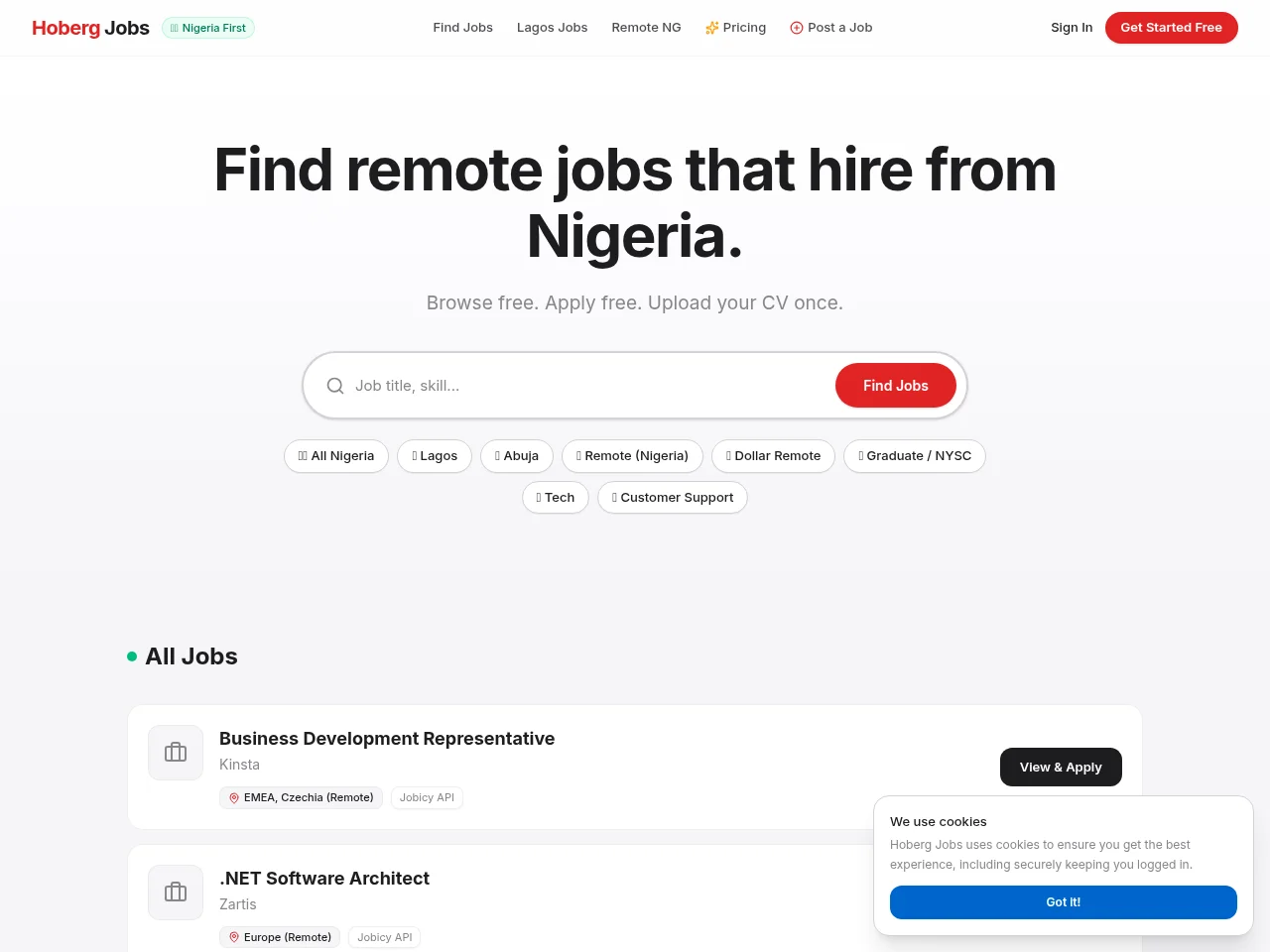 Hoberg Jobs job board platform screenshot showing job search interface