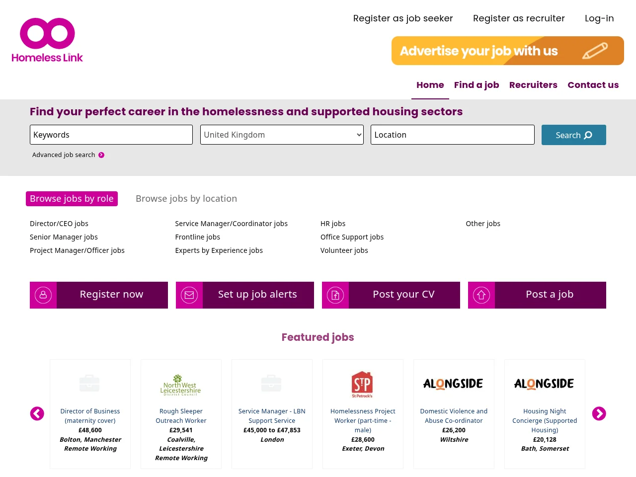 Homeless Link Jobs job board platform screenshot showing job search interface