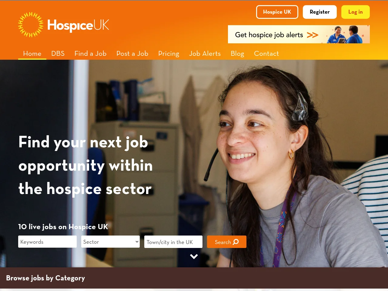 Hospice UK Jobs job board platform screenshot showing job search interface