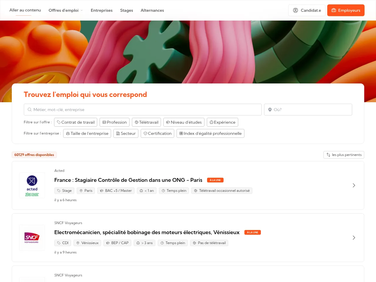HugoDécrypte Emploi job board platform screenshot showing job search interface