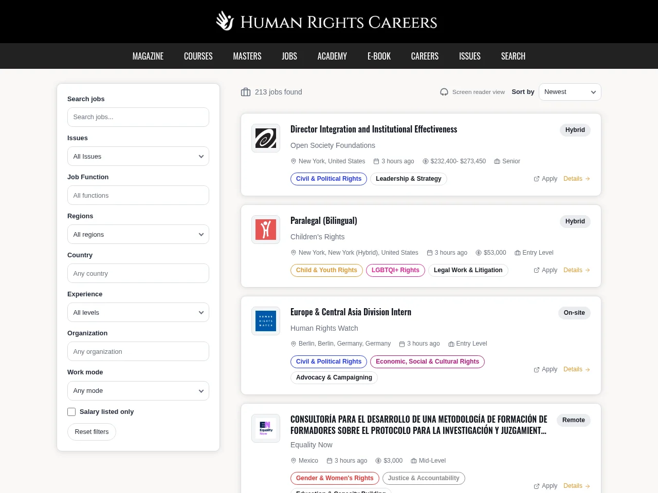 Human Rights Careers job board platform screenshot showing job search interface
