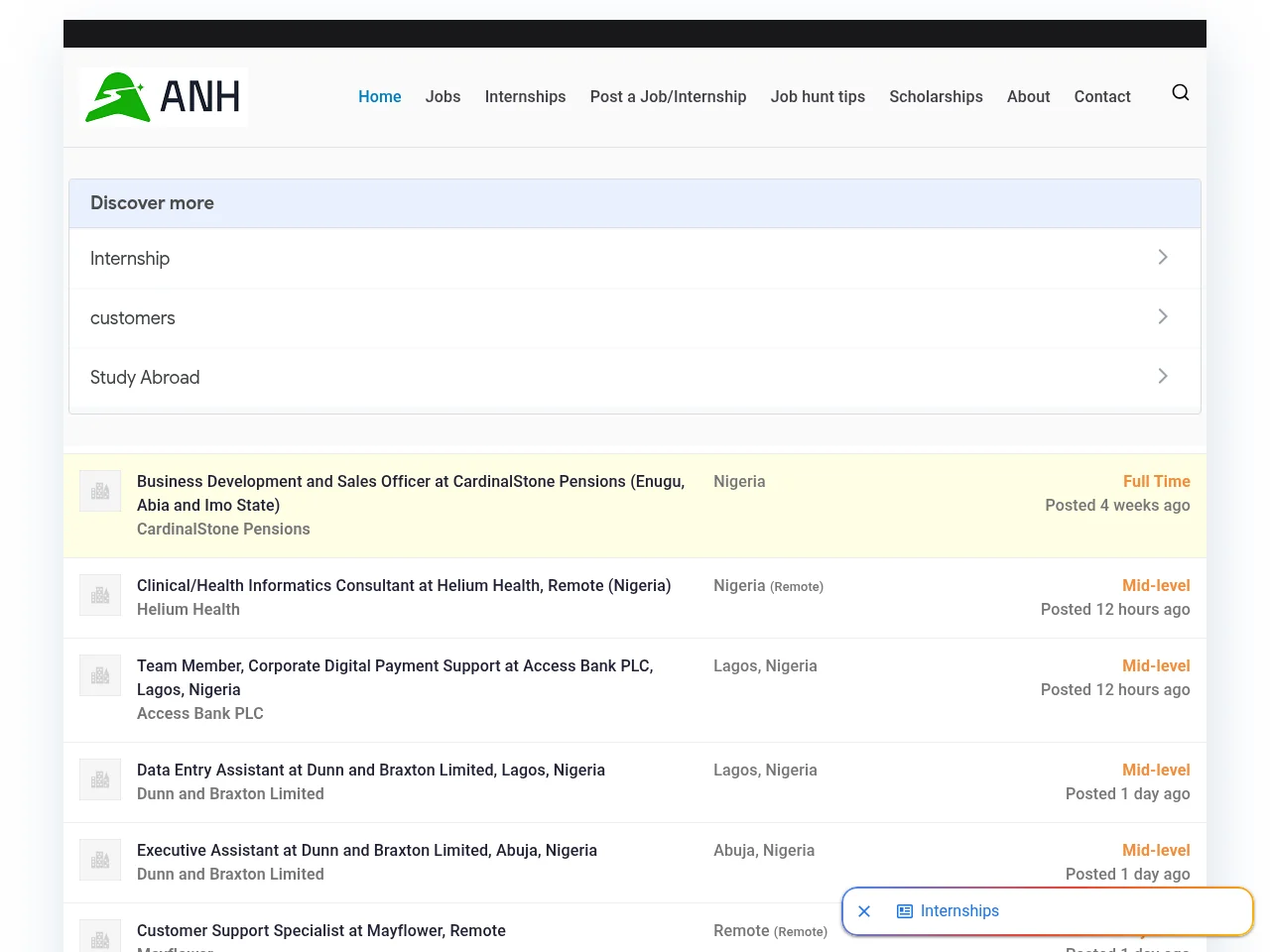 Always Never Home job board platform screenshot showing job search interface