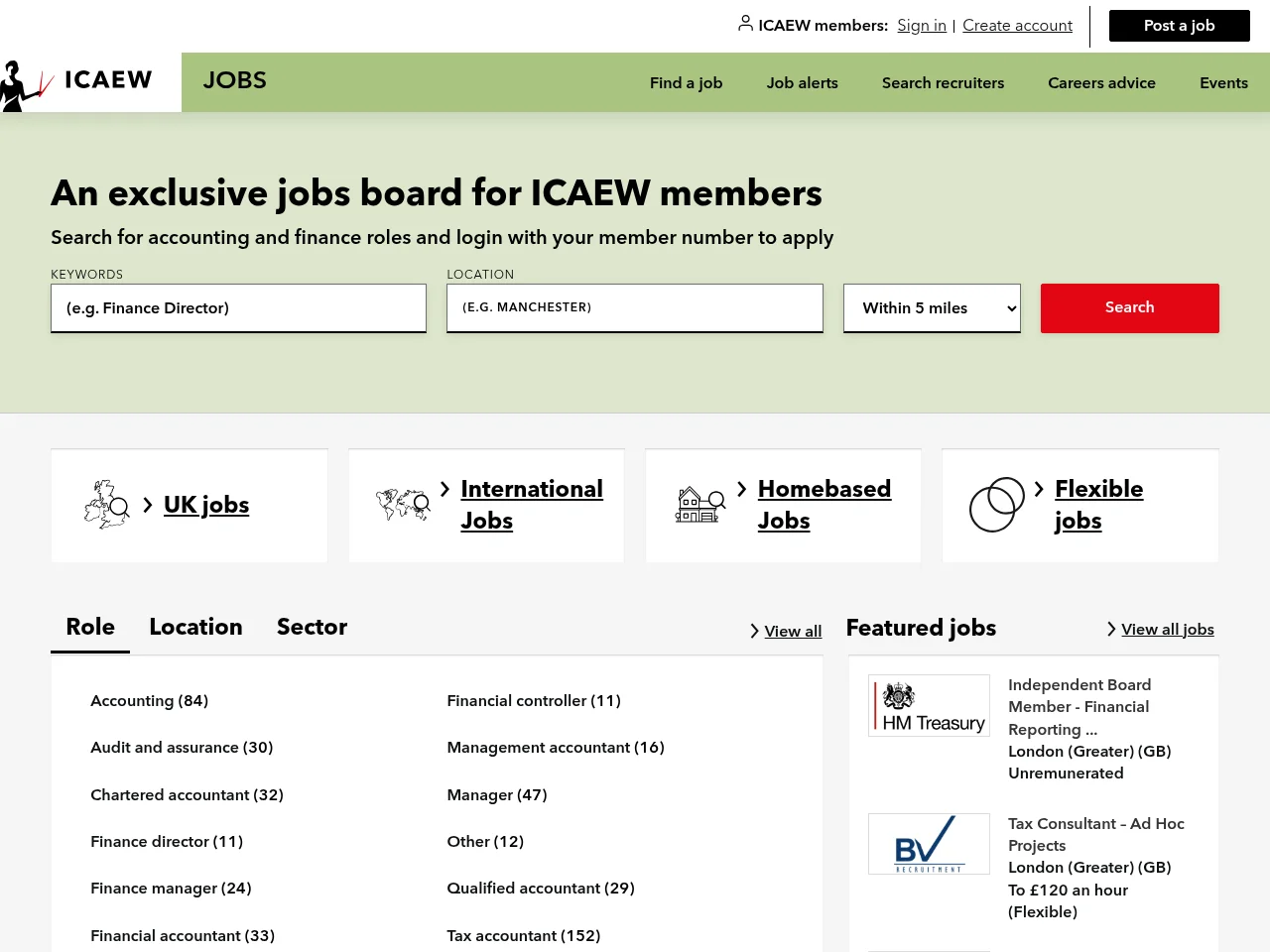 ICAEW Jobs job board platform screenshot showing job search interface