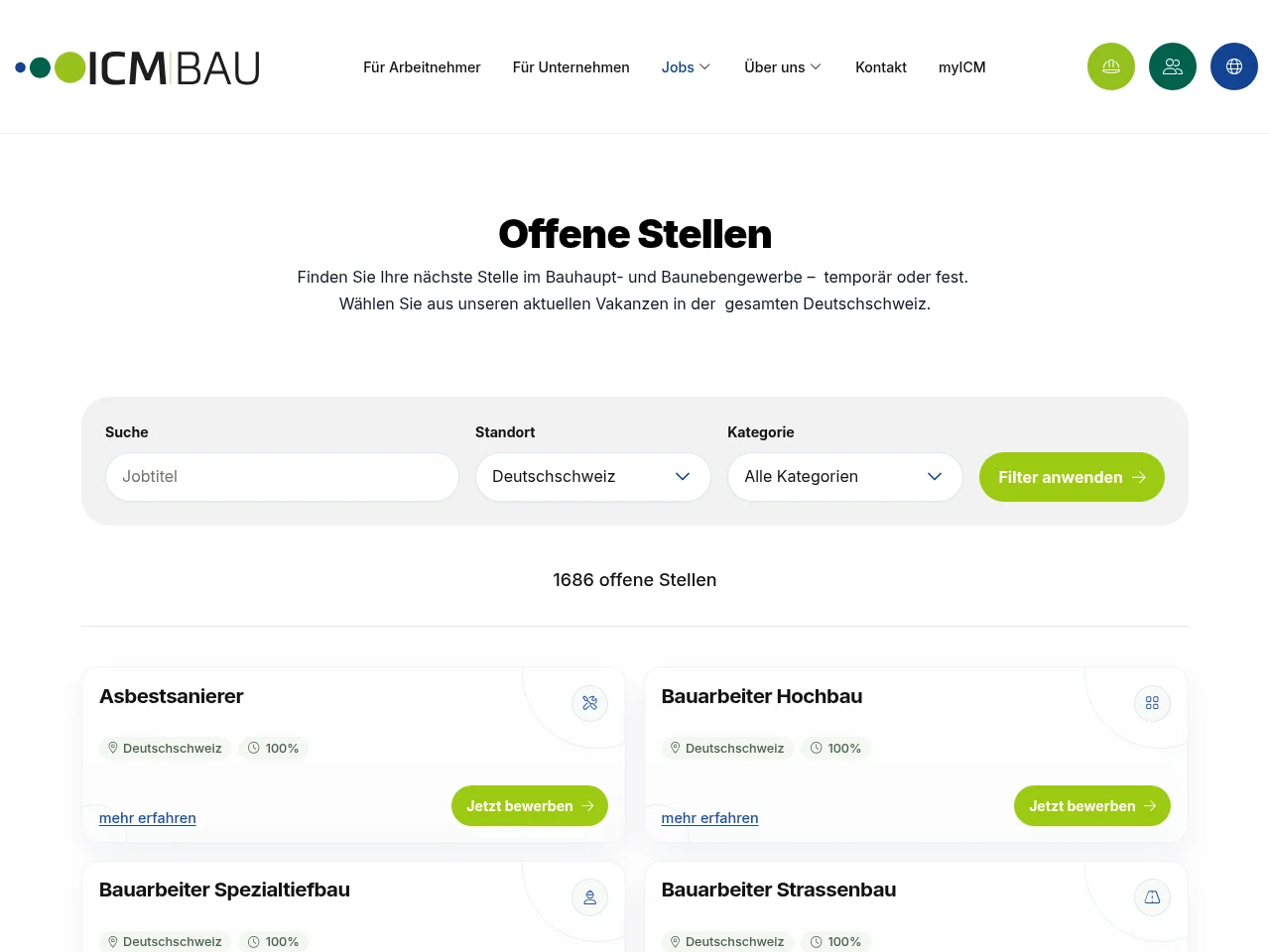 ICM Bau job board platform screenshot showing job search interface