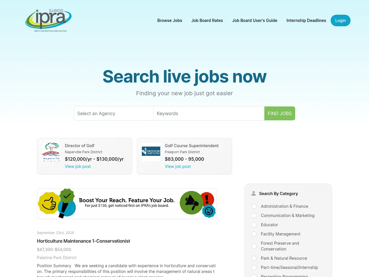 IPRA Job Board job board platform screenshot showing job search interface