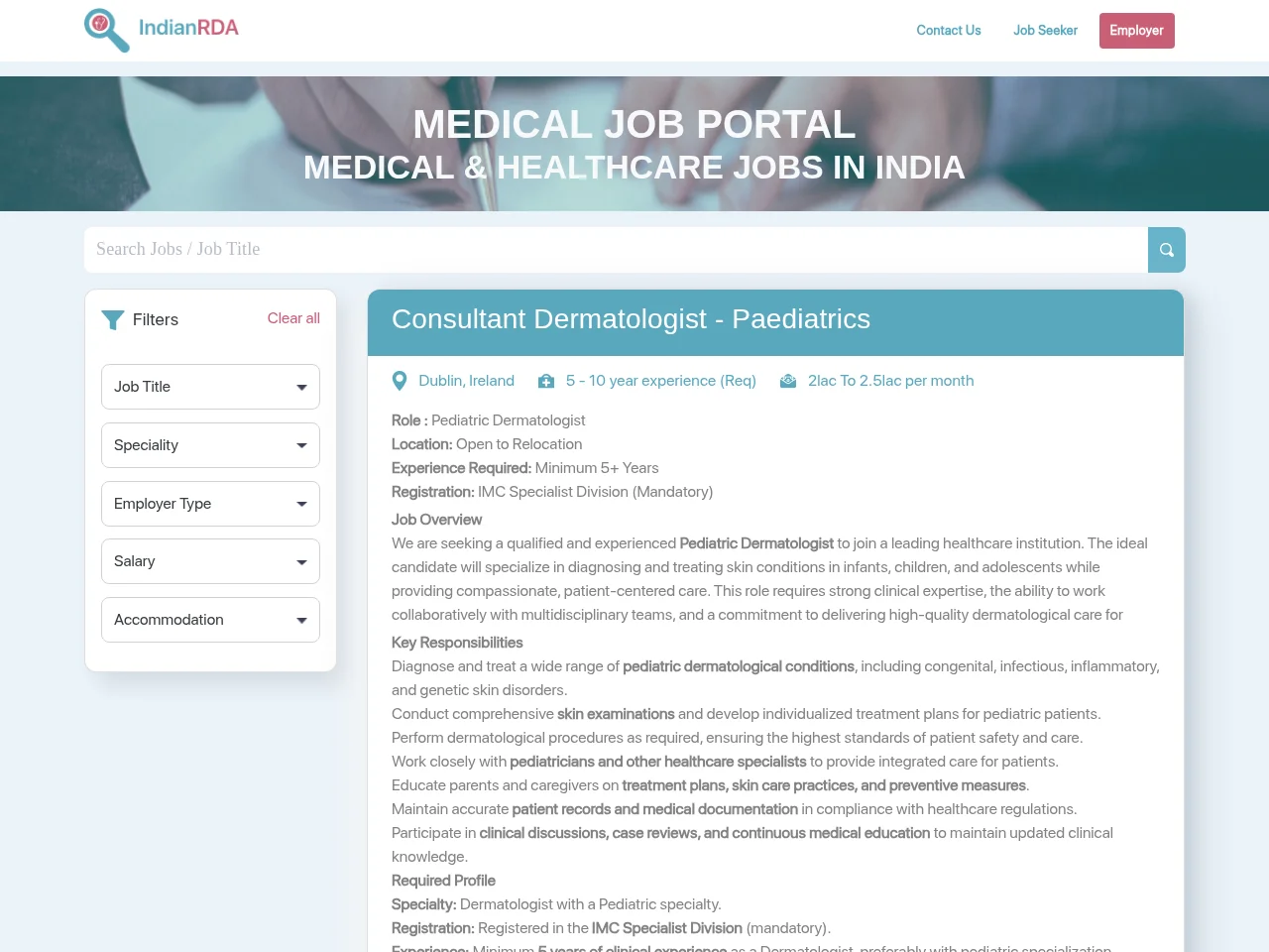 IndianRDA job board platform screenshot showing job search interface