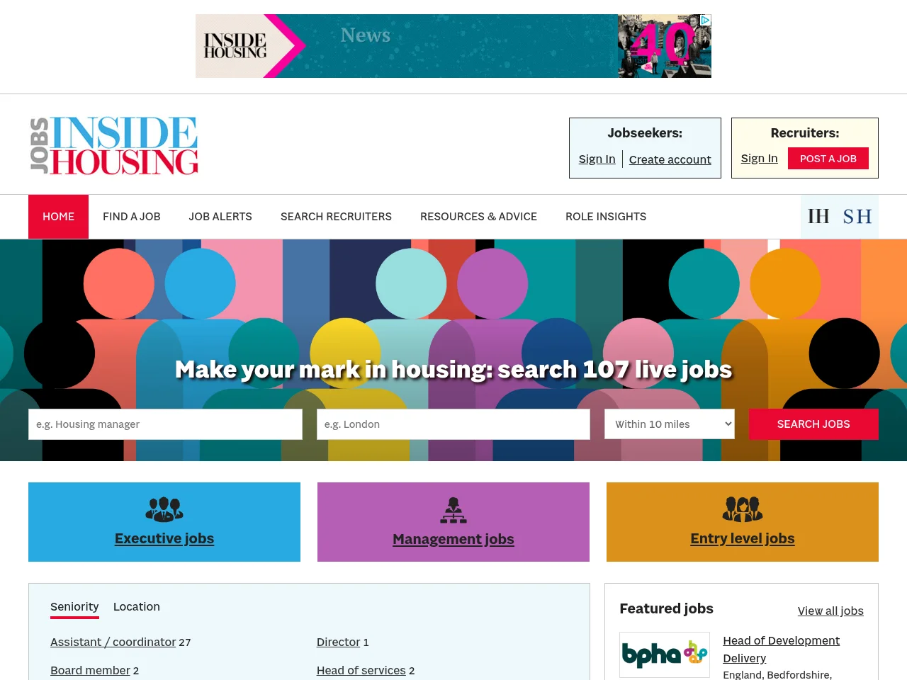 Jobs Inside Housing screenshot Jobs Inside Housing job board platform screenshot showing job search interface