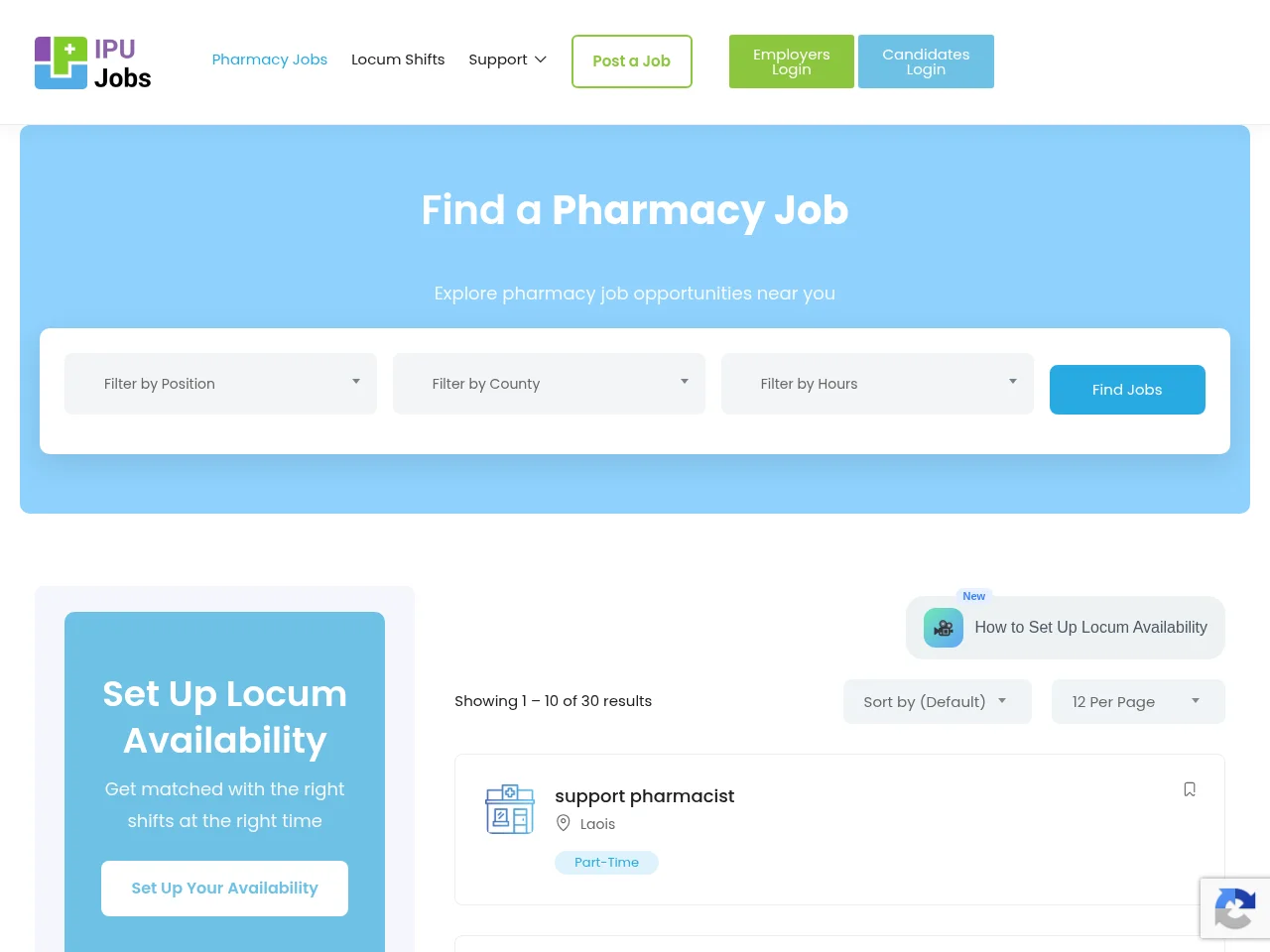 IPU Jobs job board platform screenshot showing job search interface