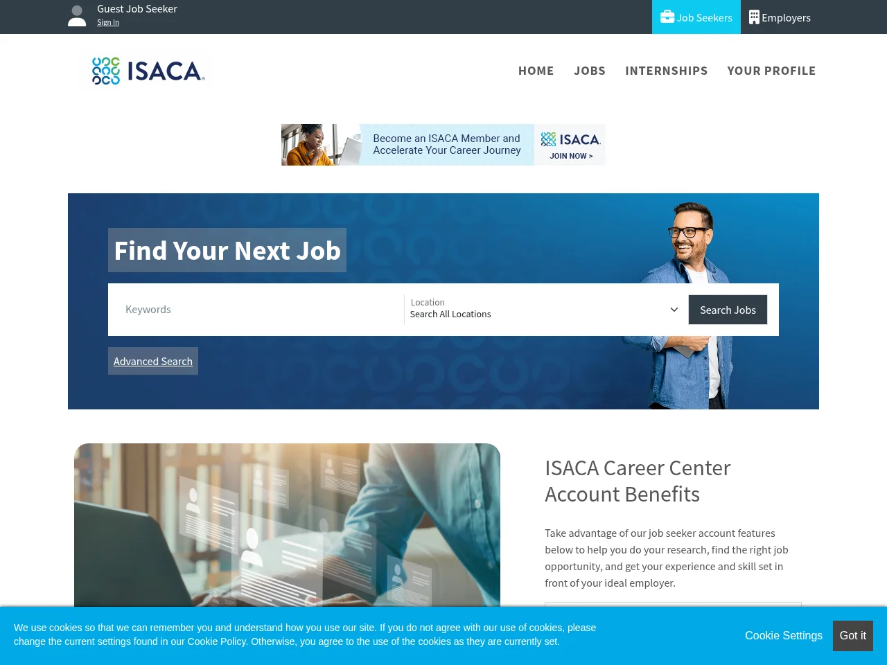 ISACA Career Center job board platform screenshot showing job search interface
