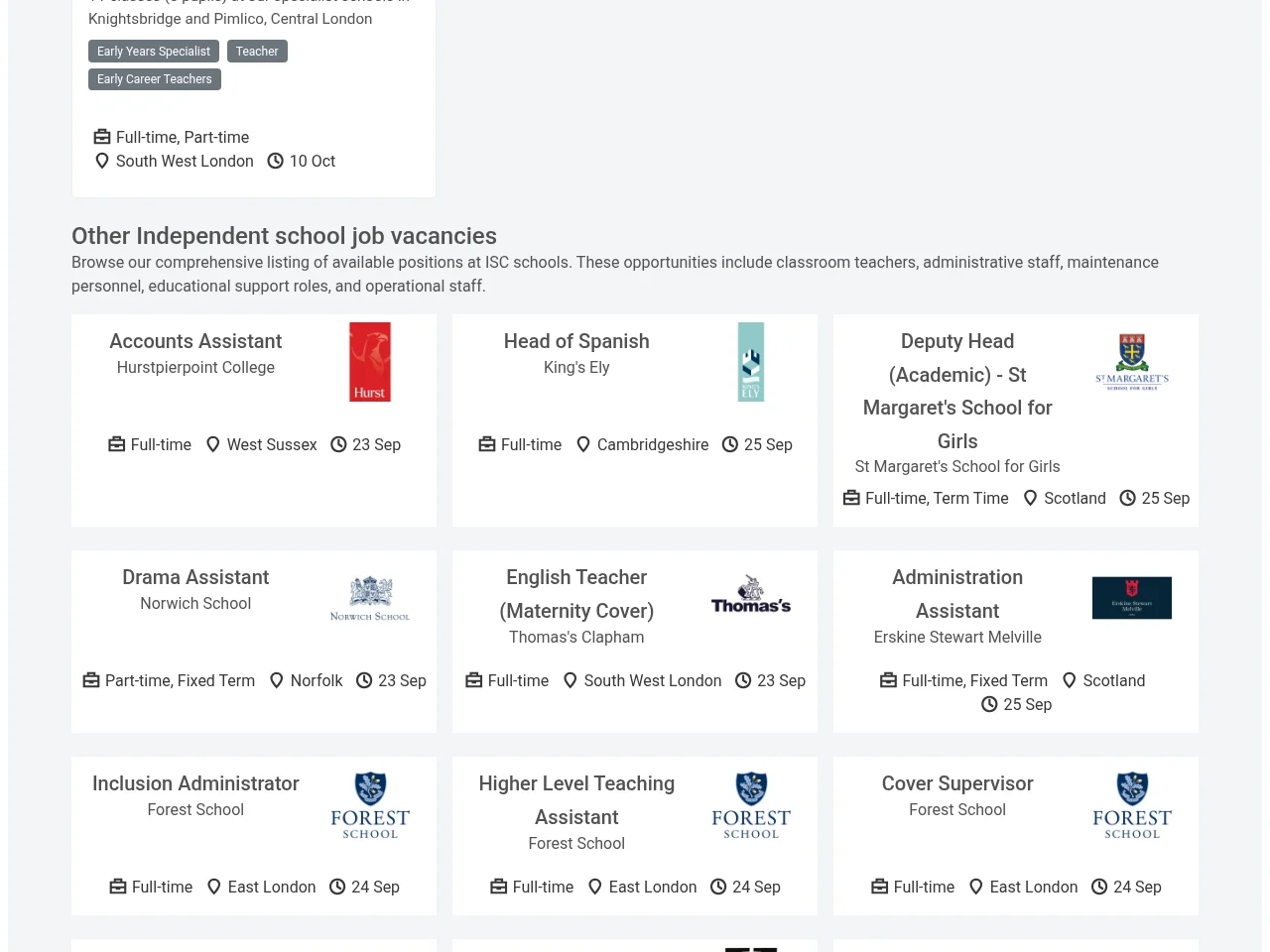 ISC School Jobs screenshot ISC School Jobs job board platform screenshot showing job search interface