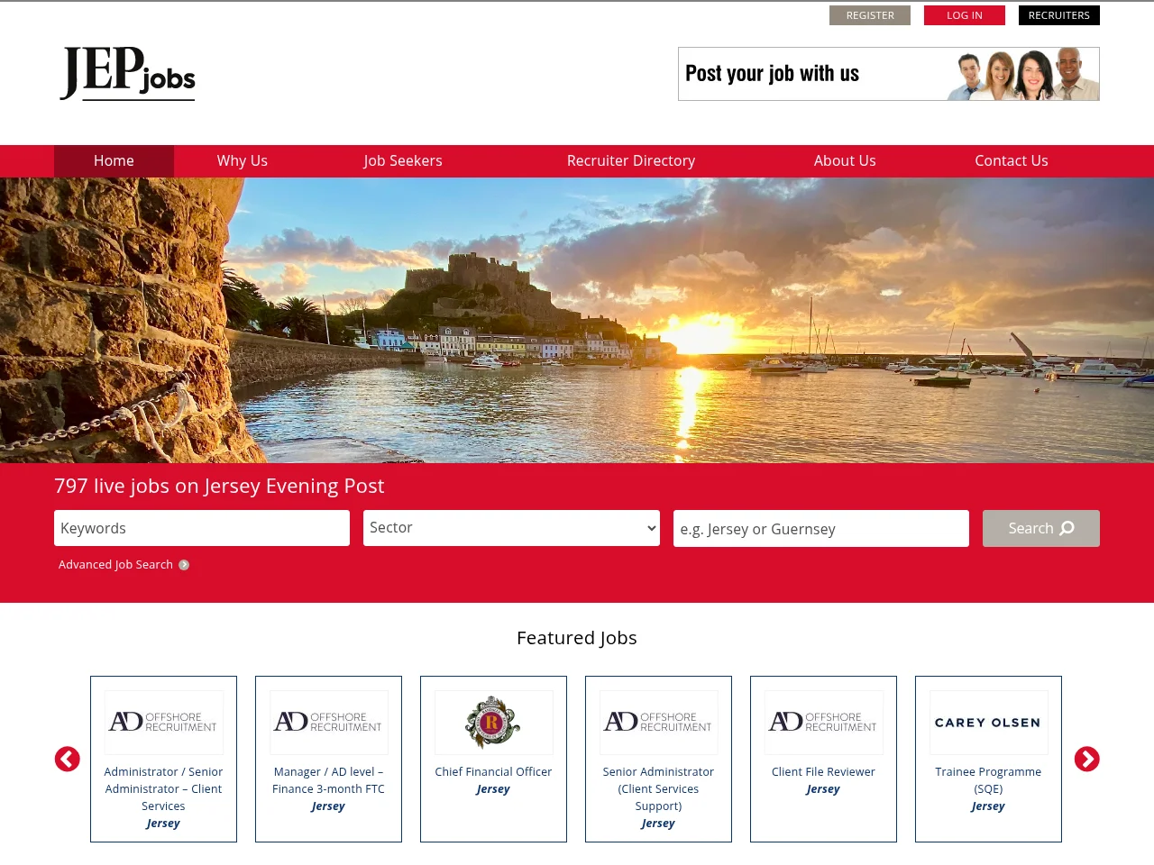 Jersey Evening Post Jobs job board platform screenshot showing job search interface