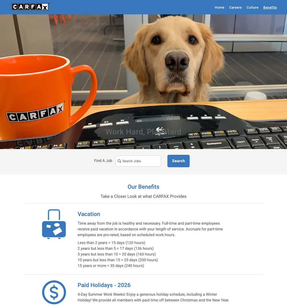 CARFAX Careers job board platform screenshot showing job search interface