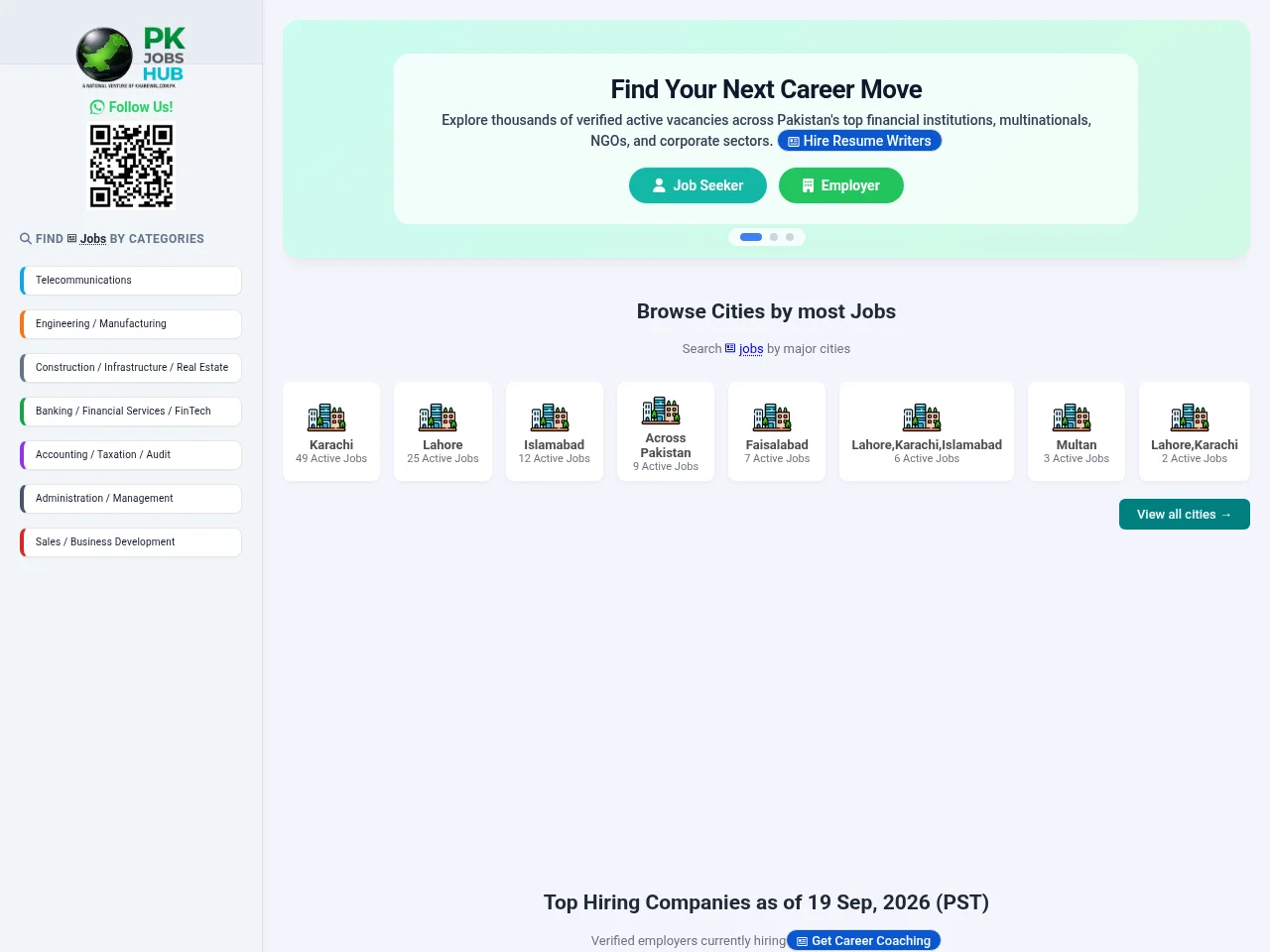PK Jobs Hub job board platform screenshot showing job search interface