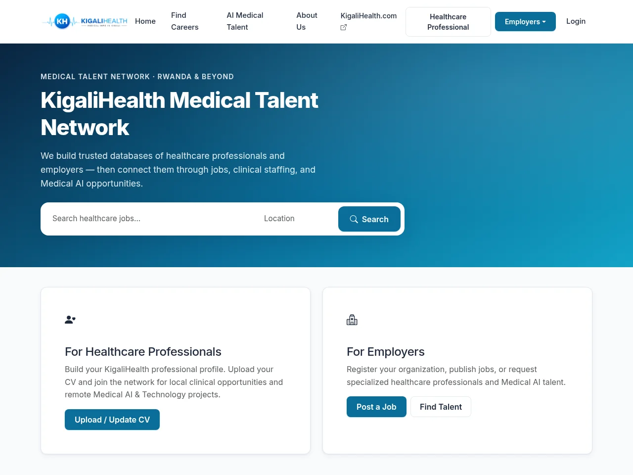 KigaliHealth Medical Talent Network screenshot KigaliHealth Medical Talent Network job board platform screenshot showing job search interface