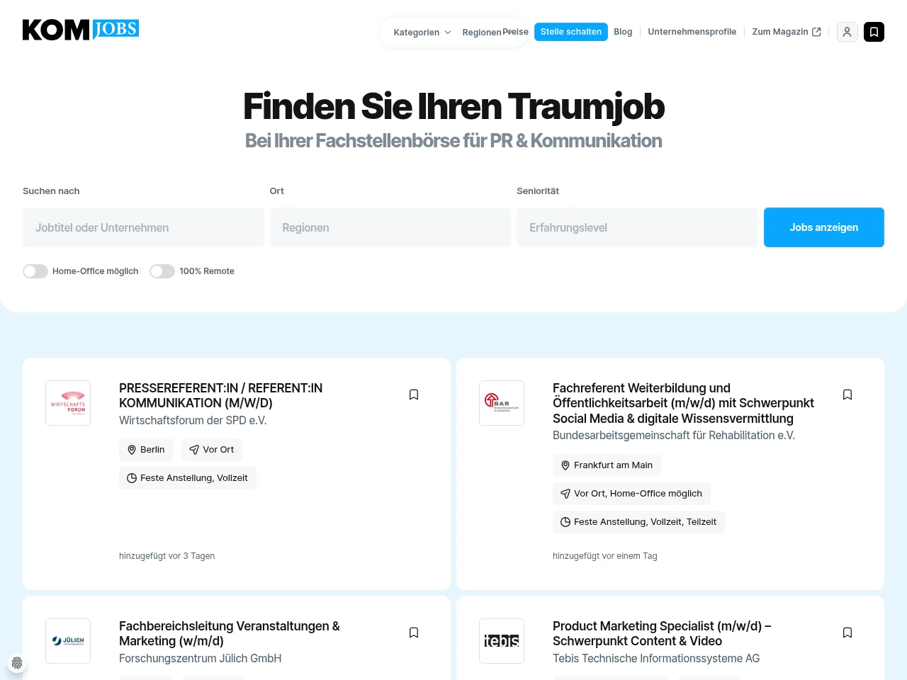 PR & Kommunikation Jobs - Fachstellenbörse für Kommunikation job board platform screenshot showing job search interface