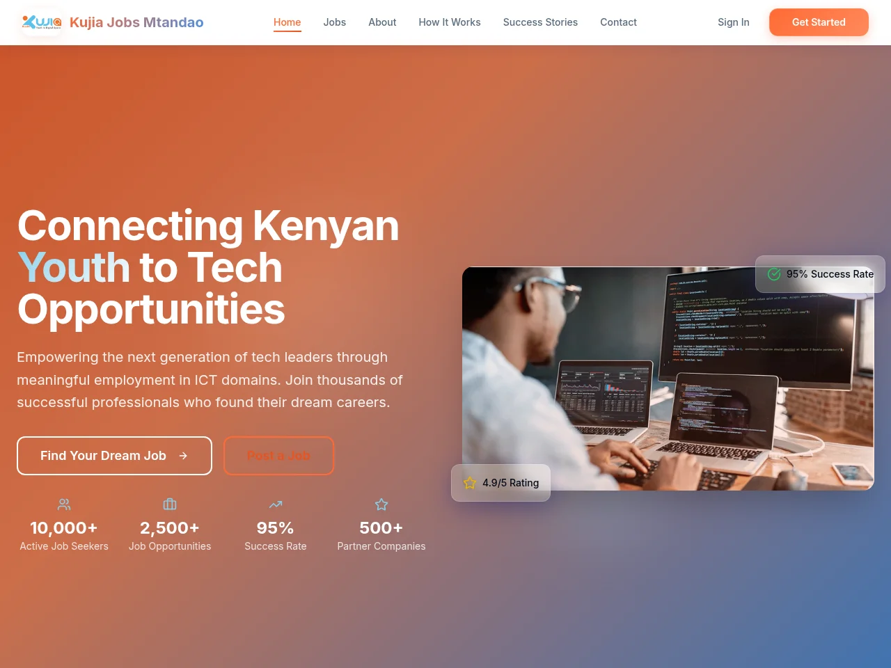 Kujia Jobs Mtandao job board platform screenshot showing job search interface