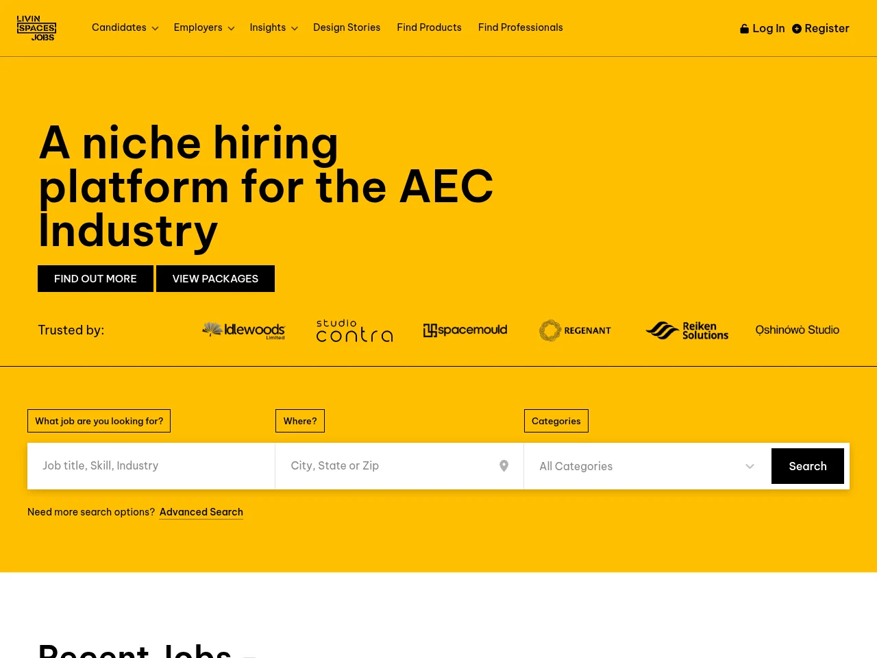 Livin Spaces Jobs job board platform screenshot showing job search interface