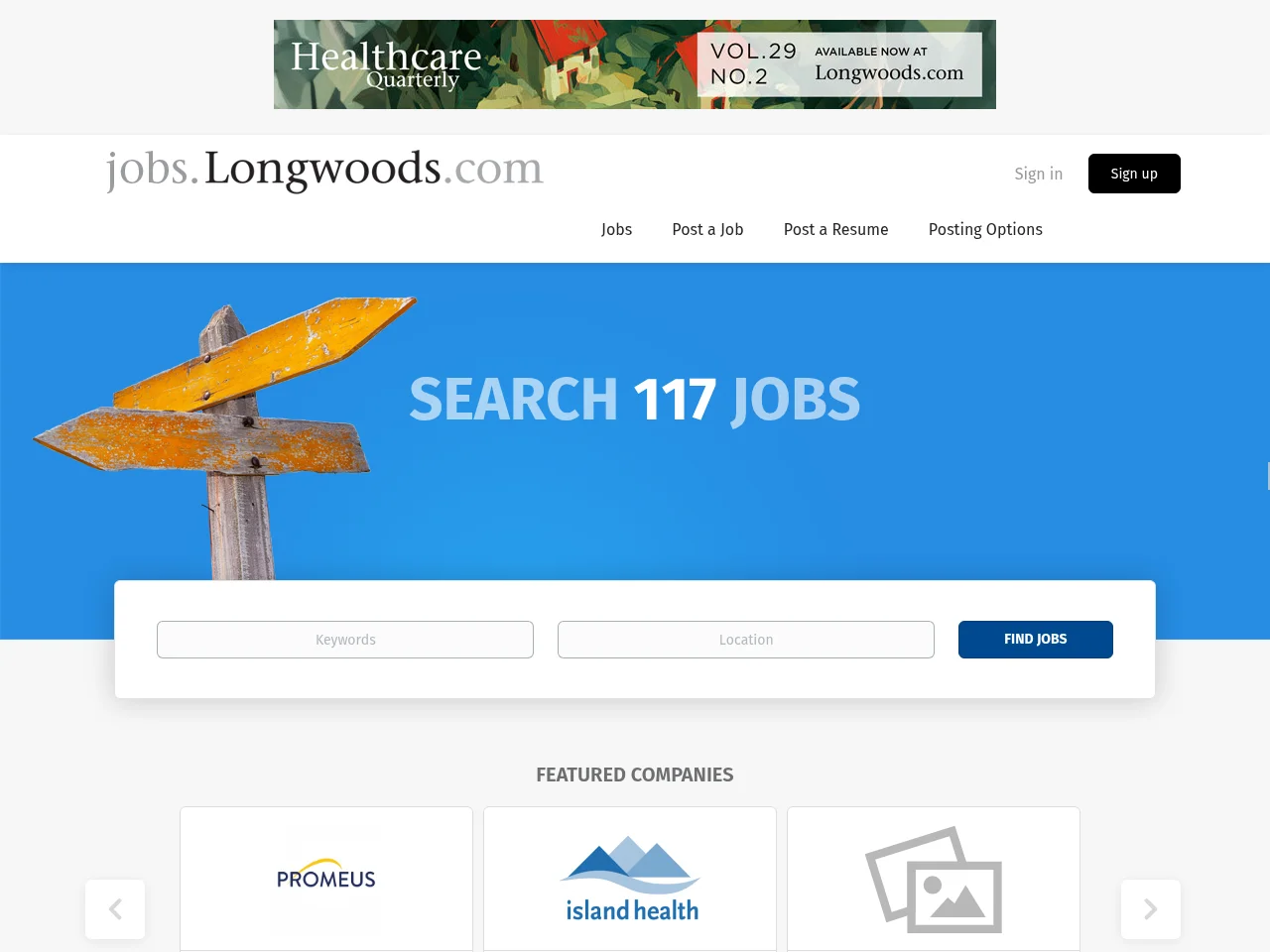 jobs.longwoods.com job board platform screenshot showing job search interface