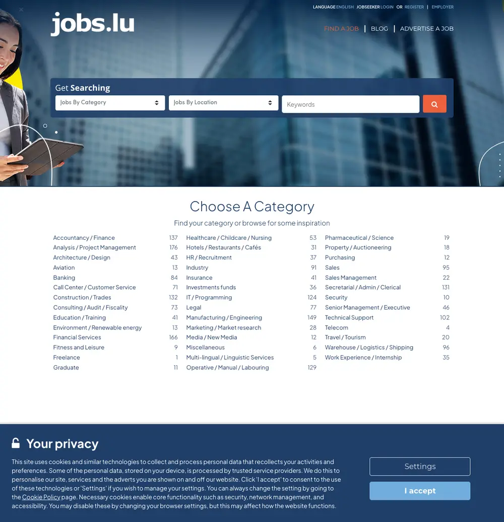 Jobs.lu job board platform screenshot showing job search interface