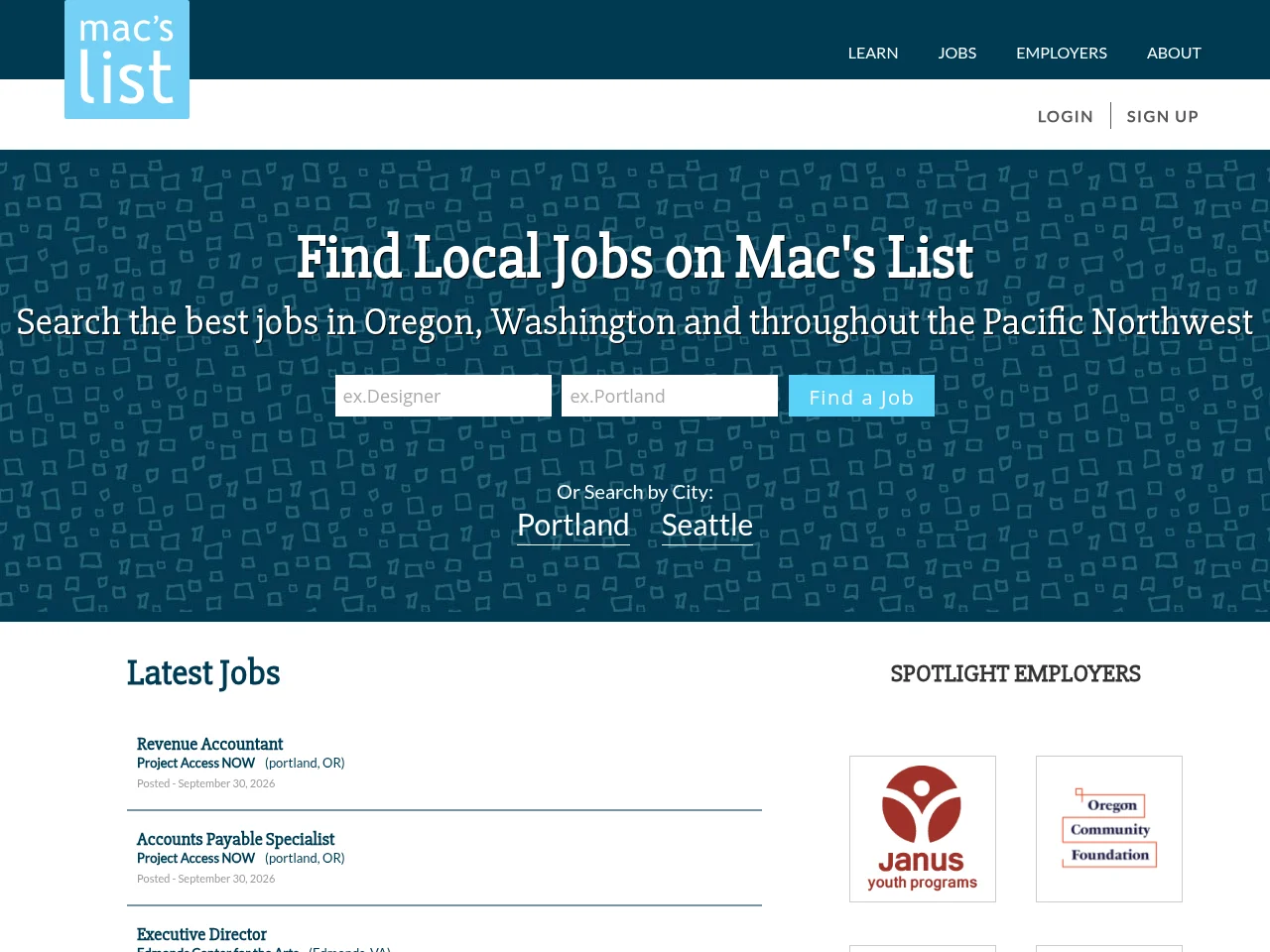 Mac's List job board platform screenshot showing job search interface