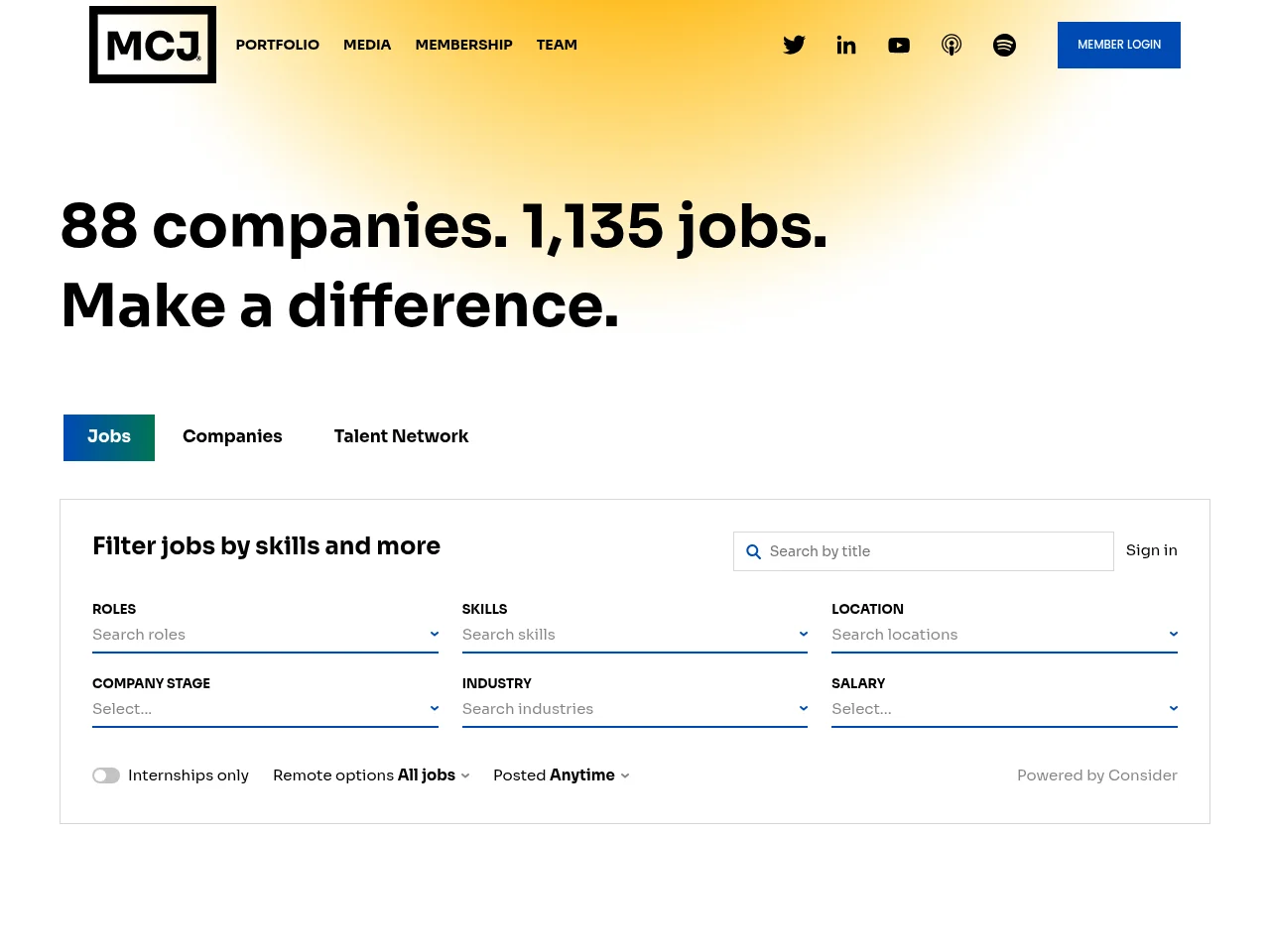 Jobs at MCJ Companies job board platform screenshot showing job search interface