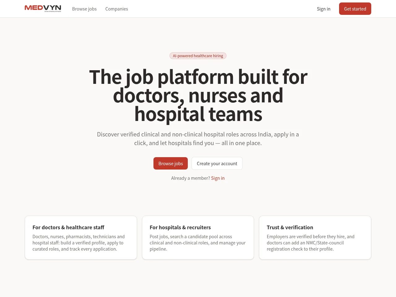 MEDVYN job board platform screenshot showing job search interface