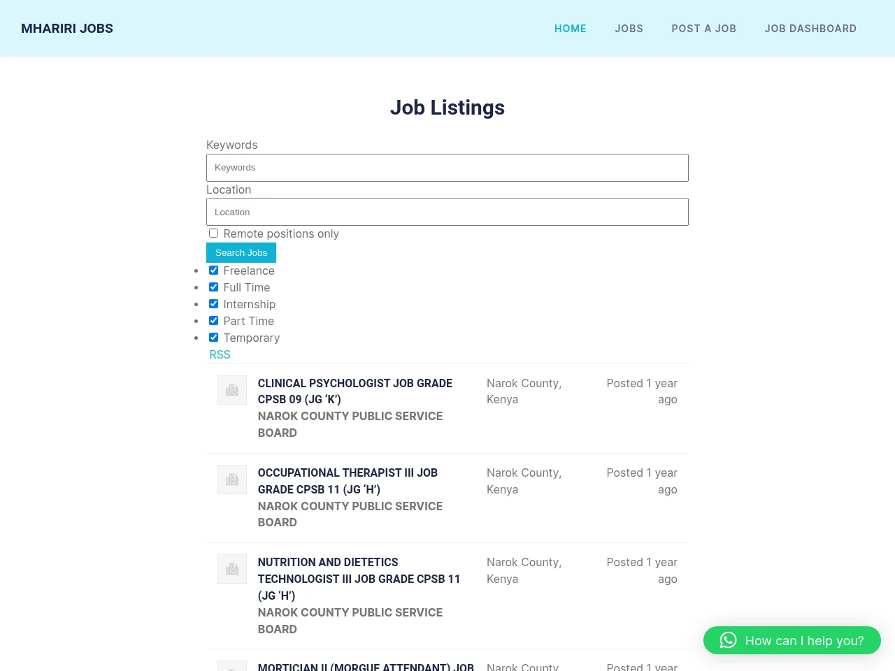 Mhariri Jobs job board platform screenshot showing job search interface