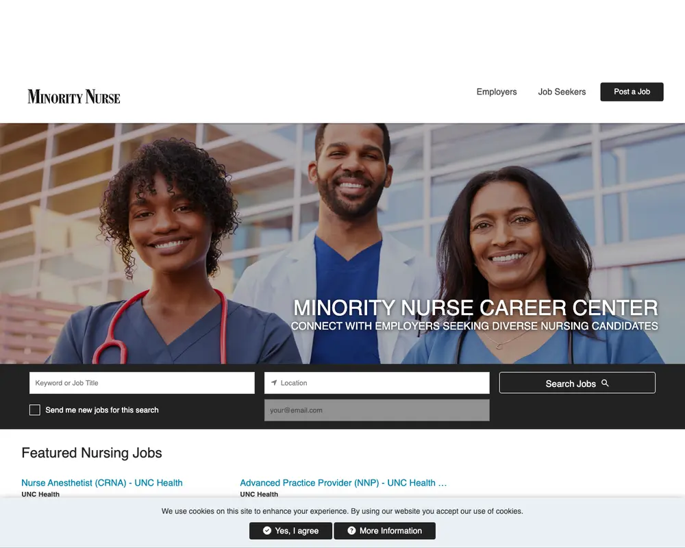 Minority Nurse job board platform screenshot showing job search interface