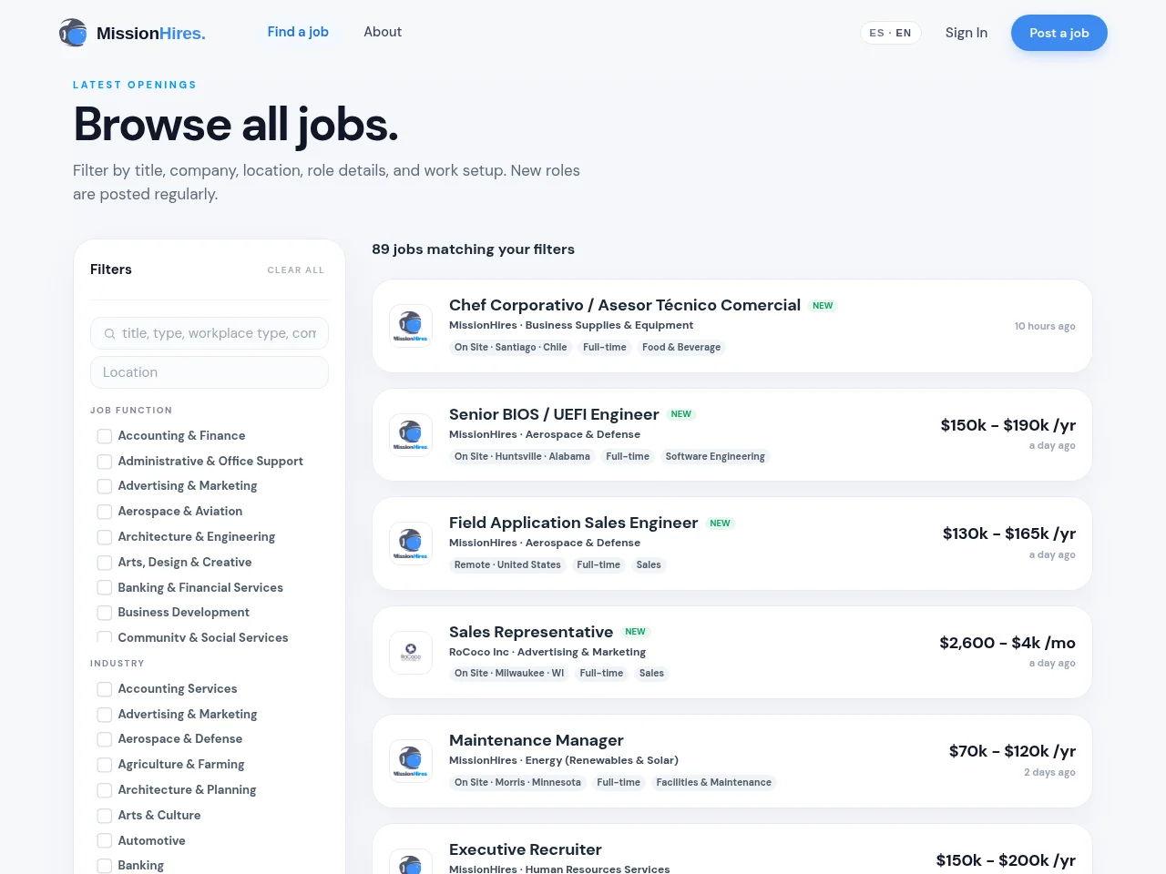 MissionHires AI Job Board screenshot MissionHires AI Job Board job board platform screenshot showing job search interface