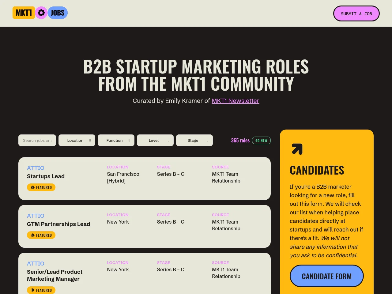 MKT1 Job Board job board platform screenshot showing job search interface