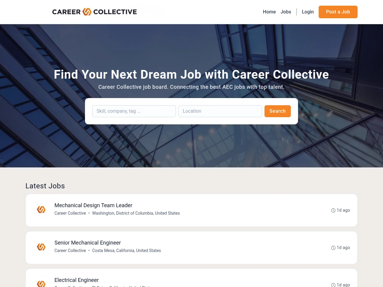 Career Collective job board platform screenshot showing job search interface