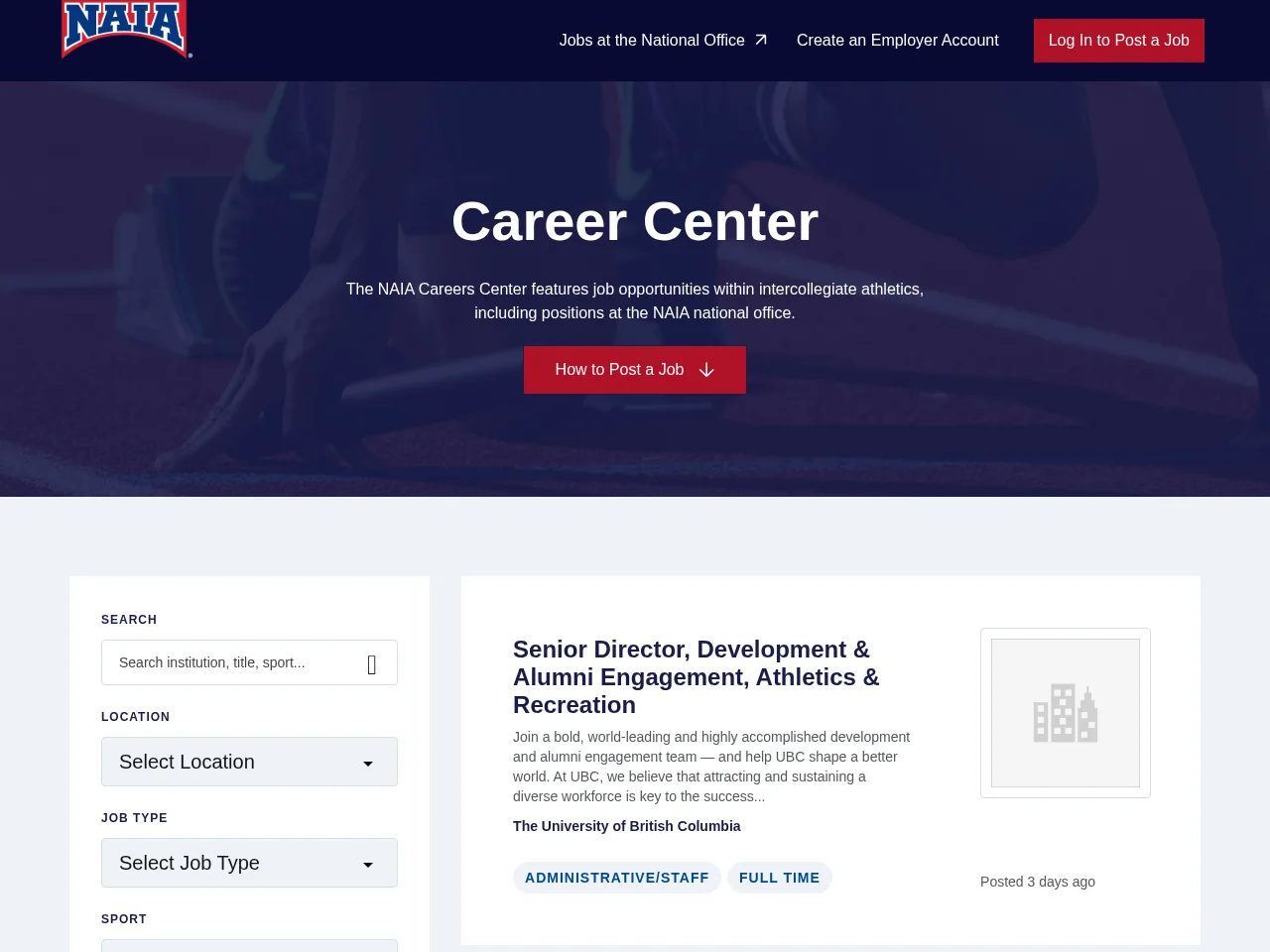NAIA Career Center job board platform screenshot showing job search interface