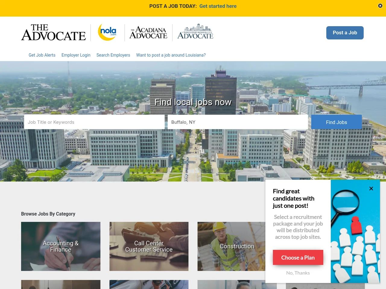 The Advocate/Nola.com screenshot The Advocate/Nola.com job board platform screenshot showing job search interface