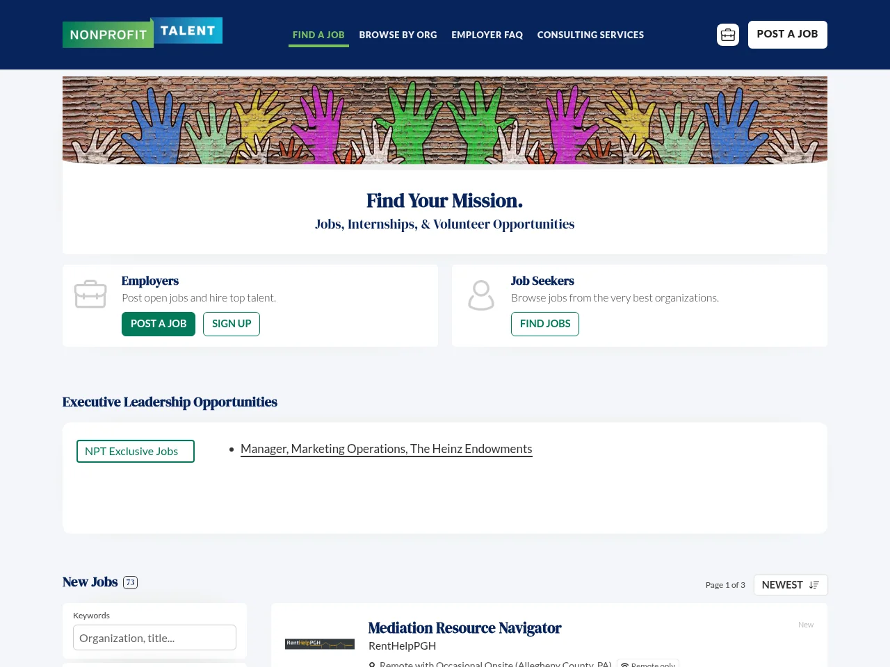 Nonprofit Talent screenshot Nonprofit Talent job board platform screenshot showing job search interface