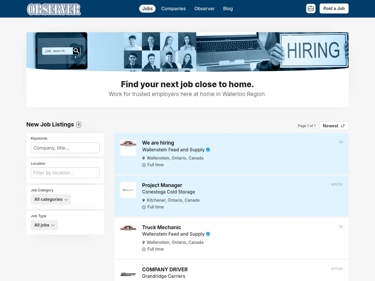 Observer Job Board job board platform screenshot showing job search interface