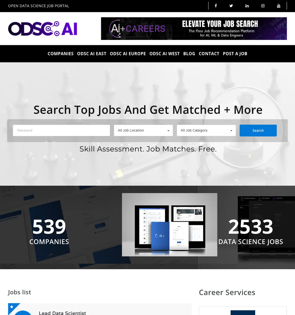 Open Data Science Jobs Board job board platform screenshot showing job search interface
