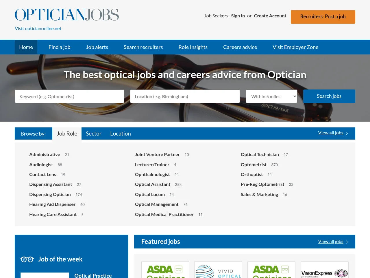 Optician Jobs job board platform screenshot showing job search interface