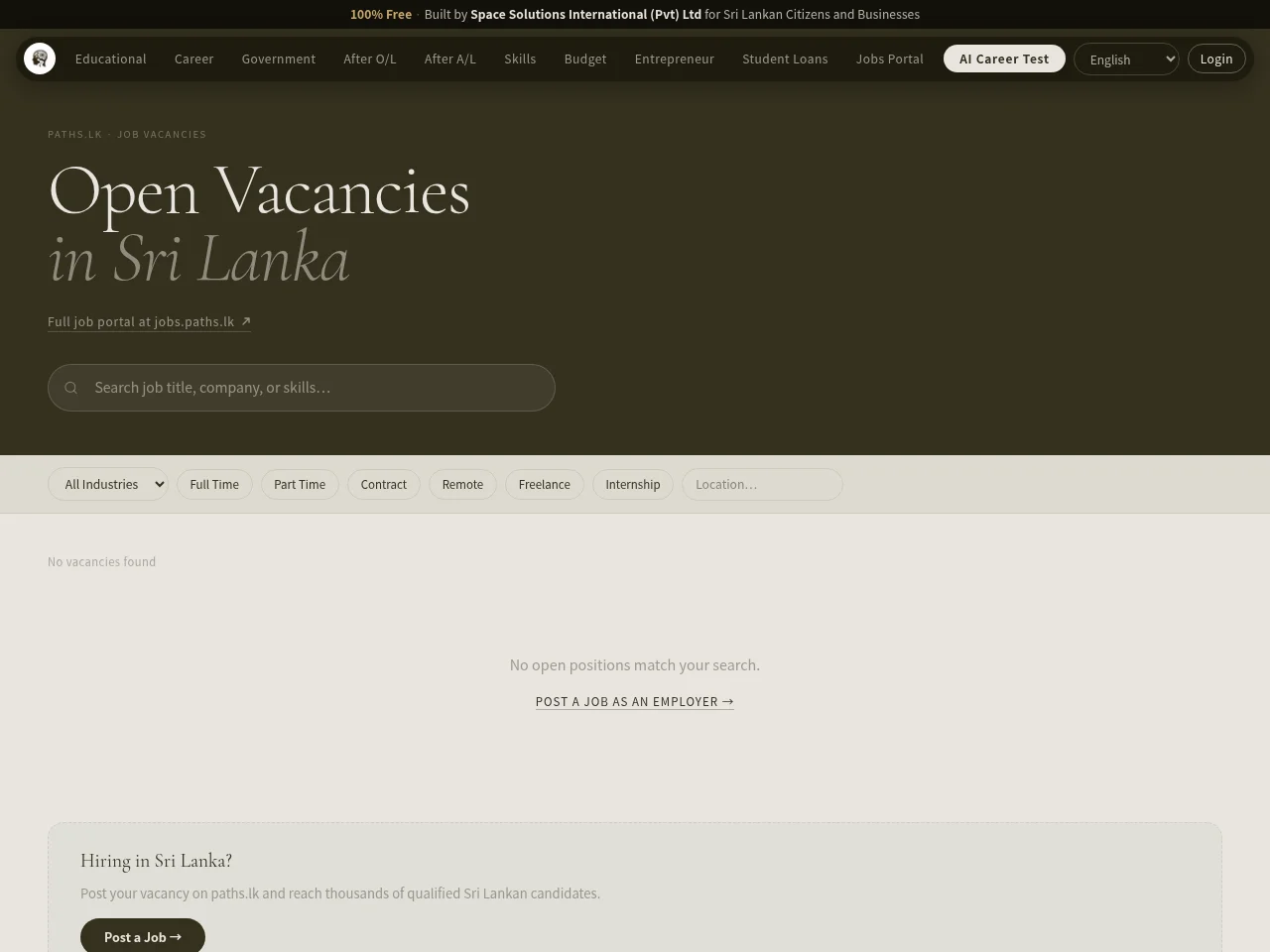 paths.lk job board platform screenshot showing job search interface