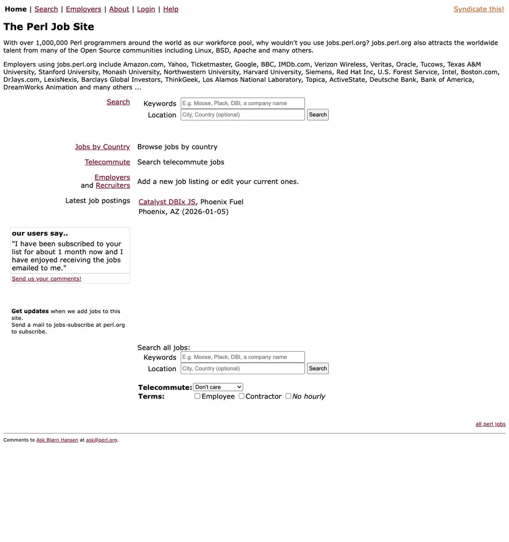 The Perl Job Site job board platform screenshot showing job search interface