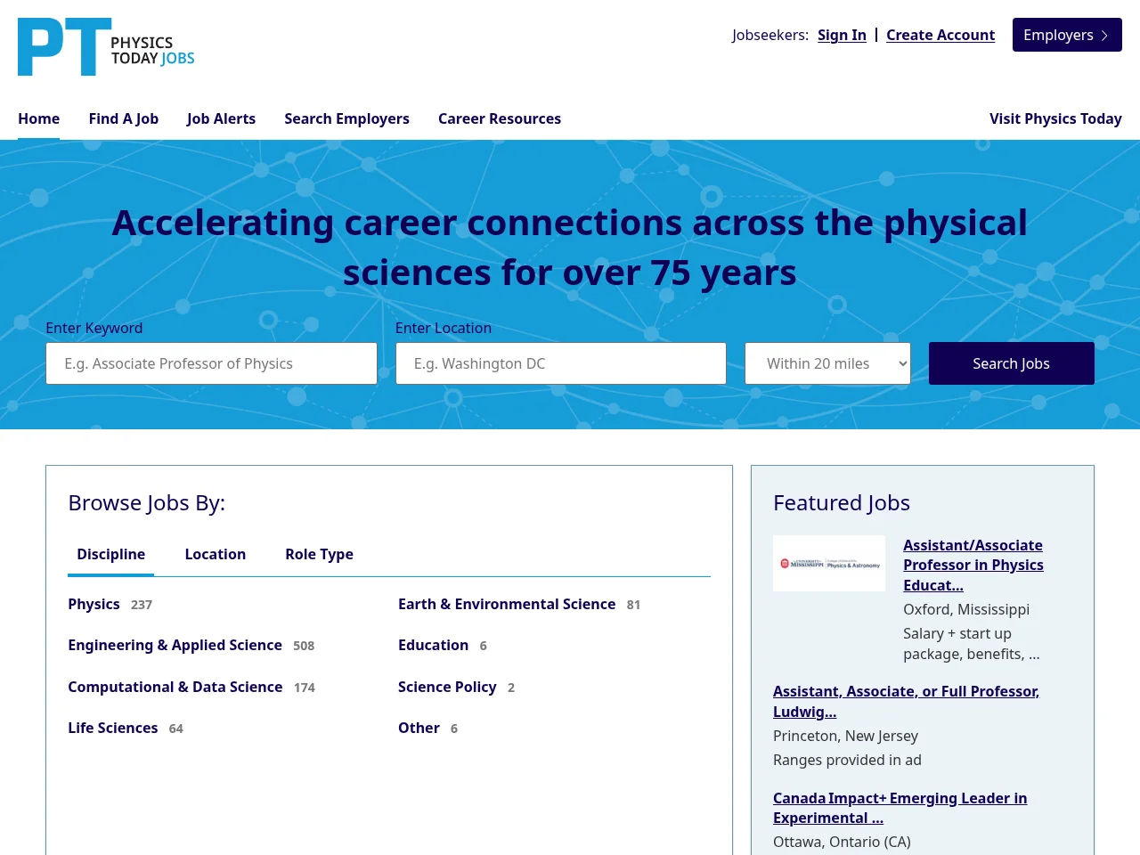 Physics Today Jobs job board platform screenshot showing job search interface