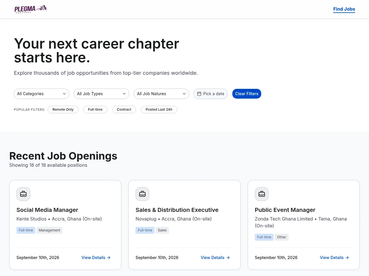 Plegma Job Board job board platform screenshot showing job search interface