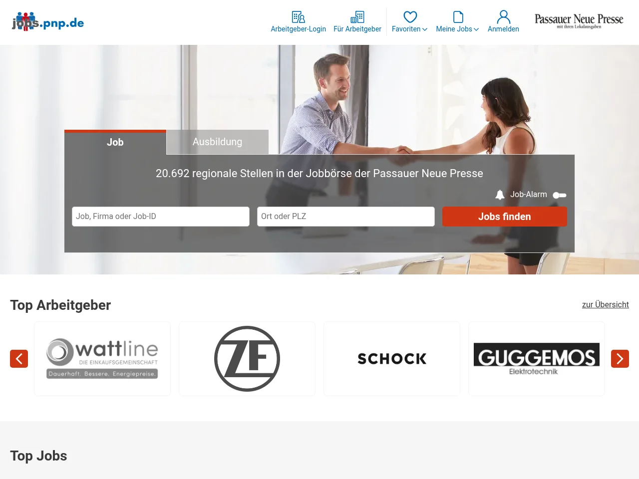 Jobbörse der Passauer Neuen Presse job board platform screenshot showing job search interface