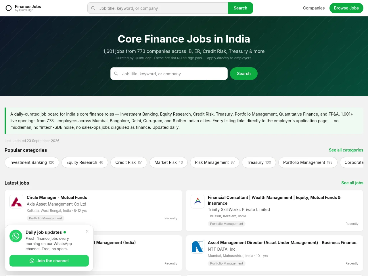 Core Finance Jobs India job board platform screenshot showing job search interface