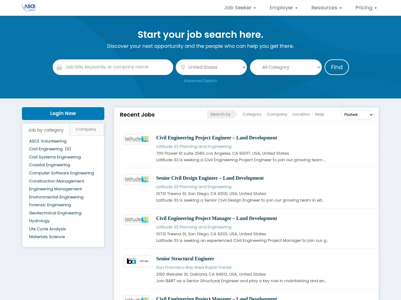 ASCE Region 9 Job Board job board platform screenshot showing job search interface