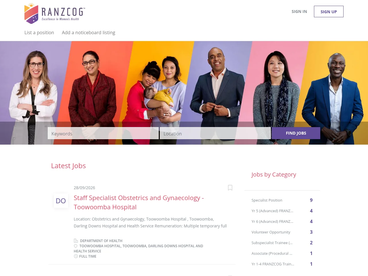 RANZCOG Jobs Board job board platform screenshot showing job search interface